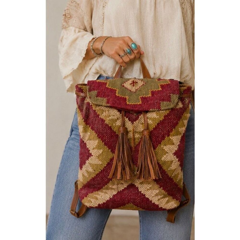 Lovestitch Wine Carpet Backpack Ikat Jute Leather Tassel Boho Festival Bag